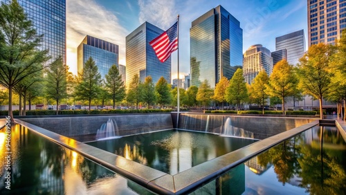 A serene morning scene at the National September 11 Memorial, featuring the Twin Reflecting Pools surrounded by trees and a subtle patriotic flag display.