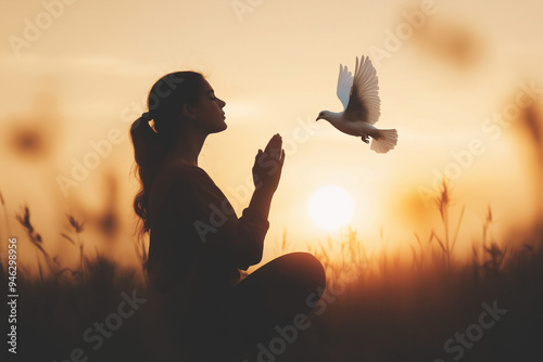 Woman Prays on Bended Knee as the Holy Spirit Descends as a White Dove, Depicting Themes of Faith, Divine Intervention, and the Powerful Presence of God’s Grace in Worship