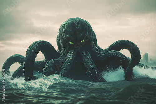 Mysterious monster Cthulhu in the sea, huge tentacles sticking out of the water, octopus monster, landscape. 3d rendering