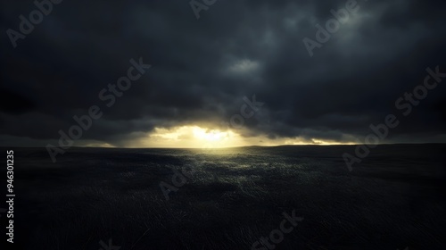 A conceptual image depicting the darkness creeping across a landscape with the last rays of light slowly disappearing leaving an atmosphere of gloom and mystery