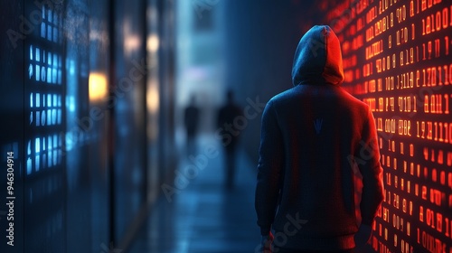 Hooded figure stands in a digital hallway, glowing red and blue binary code illuminating the scene. Cybersecurity, hacker, digital world concept.