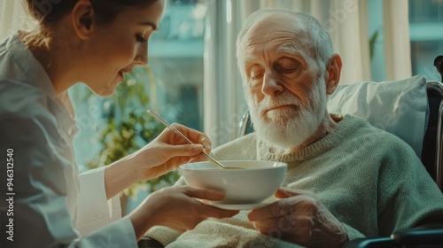 Caretaker feeding soup to elderly hepatitis patient, Gentle nutritional support, Compassionate caregiving, Warm bedside manner