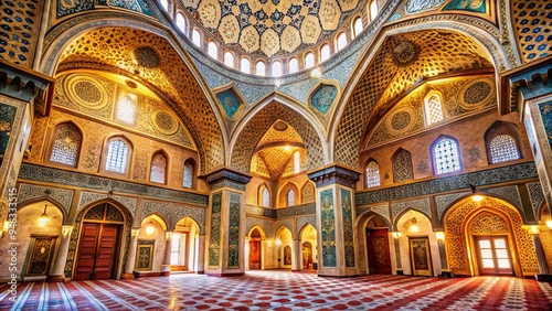 Intricately tiled mosque interior with golden domes, ornate arches, and vibrant geometric patterns, bathed in warm natural light, evoking a sense of serenity and spirituality.