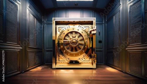 Room with large bank safe with a golden door