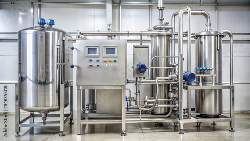 Shiny stainless steel milk pasteurizer machine with digital display and pipes, used in dairy processing to eliminate bacteria and extend shelf life safely.