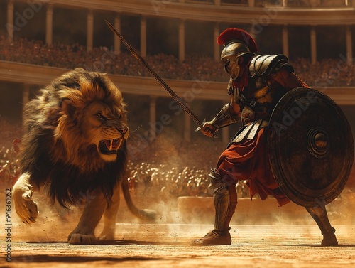 Roman gladiator facing a lion in an intense battle scene inside a grand arena