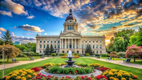 The stately Legislative Assembly of Manitoba building stands majestically in Winnipeg, its Beaux-Arts architecture and grand dome commanding attention amidst lush surrounding gardens.