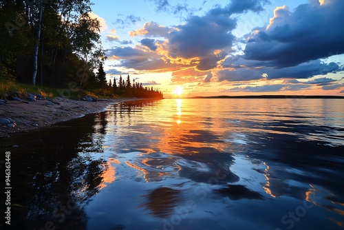 Lake at dusk with deepening colors, captured in a photo that shows the transition from day to night reflected in the water