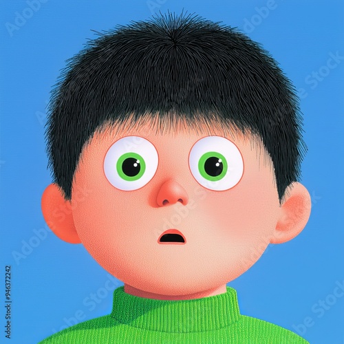 An absolutely adorable and surprised cartoon character wearing a remarkably vibrant green sweater