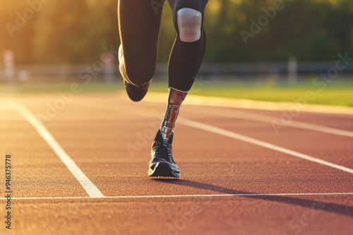 Disabled athlete with prosthetic leg running close up