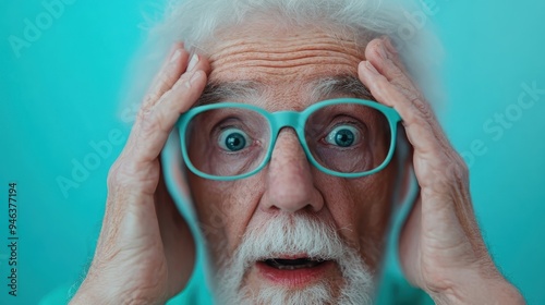 An elderly individual with wrinkled hands covering their face set against a teal backdrop, presenting a striking contrast and evoking a mix of human emotions.