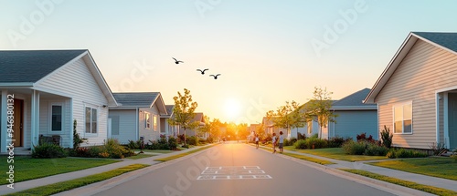 A serene neighborhood scene with houses lined along a quiet street at sunset, creating a peaceful and inviting atmosphere. suburban development concept.