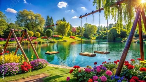 Vibrant swings and slides fill a sunny park, surrounded by lush greenery, colorful flowers, and a serene lake, evoking a sense of carefree summer adventure.