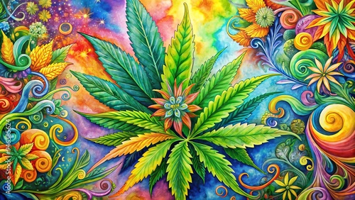 Vibrant watercolor painting of a blooming marijuana plant surrounded by swirling patterns and colorful flowers, blending nature and creativity in a psychedelic art piece.