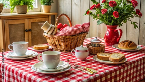 Vintage-inspired kitchen table setting featuring a classic red-and-white checkered oilcloth tablecloth, adorned with rustic dinnerware and a woven wicker bread basket.