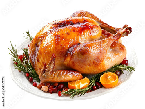 A perfectly roasted whole turkey, golden and crispy, garnished with fresh rosemary, citrus fruits, and cranberries, presented on a white platter, ready for a festive meal