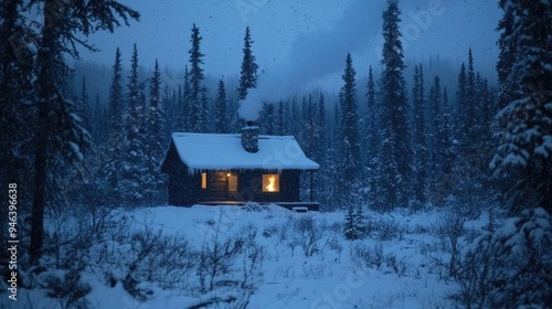 A Cozy Cabin in the Snowy Wilderness with a Smoky Chimney