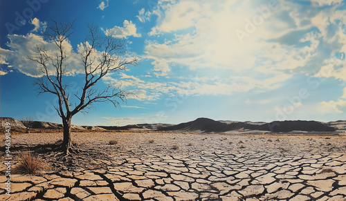 dry cracked earth with dead tree in drought stricken landscape 