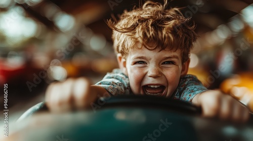 A young boy with messy hair grips the steering wheel of a bumper car, his face lit with excitement and joy as he enjoys a thrilling ride.