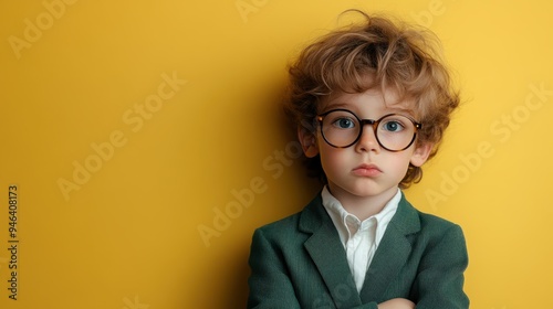 A thoughtful young boy wearing glasses and a green suit, standing seriously against a yellow background, epitomizing sophistication and intelligence at a young age.