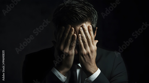 Portrait of overstressed business man covering face with his hands isolated. Emotion of stress or despair