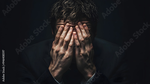 Portrait of overstressed business man covering face with his hands isolated. Emotion of stress or despair