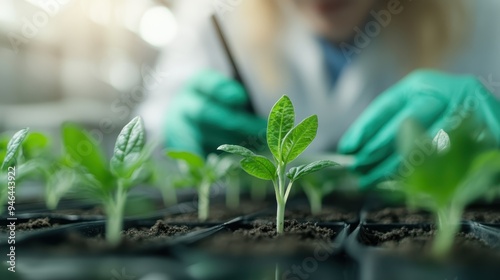 A scientist wearing gloves carefully tending to young green plants growing in trays inside a laboratory setting, highlighting growth and scientific research efforts.