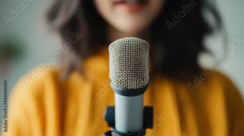 A woman in a yellow sweater speaks into a microphone, possibly giving a speech or recording a podcast, highlighting communication and broadcast themes.