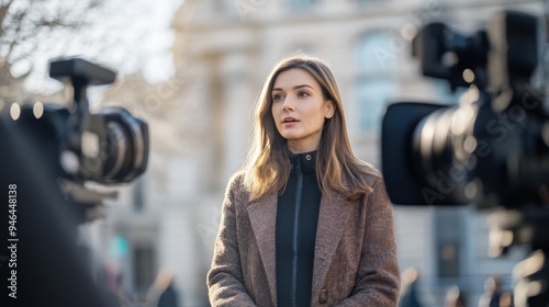 European female journalist reporting live on camera in an urban setting, conveying professionalism and confidence during a news broadcast.