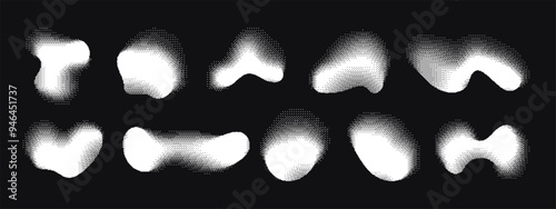 Abstract blurred bitmap shapes, white fluid forms with dithering effect. Various pixelated silhouette forms on black background, modern grunge 1-bit pixel art graphic element vector set