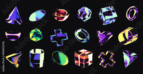 Neon gradient bitmap geometric 3D shapes, retro futuristic pixelated forms. Transparent color glass half sphere, cube and prism with dithering effect, abstract pixel art graphic element vector set