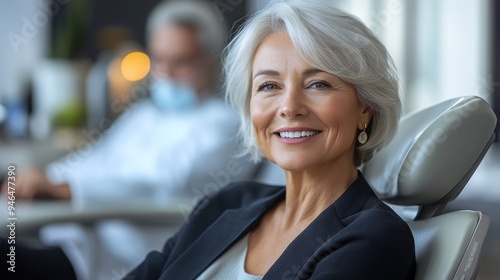 Senior woman sitting in a dental chair, smiling after a dental checkup, with a dentist in the background.