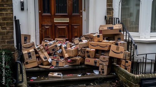 Pile of packages stacked on a doorstep of a home