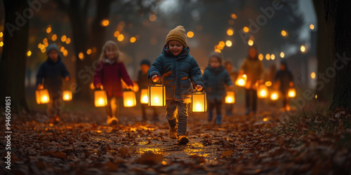 Group of children are happily walking through a path in an autumnal park at twilight, holding lanterns to celebrate saint martin's day