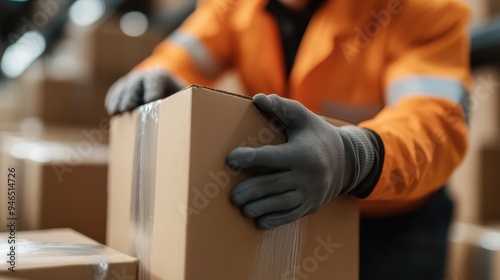 An individual in an orange jacket, wearing gloves, carefully handles a cardboard box. The background features a warehouse setting, emphasizing logistics and manual labor.