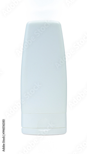 Blank white shampoo tube. Plastic liquid cosmetic bottle isolated