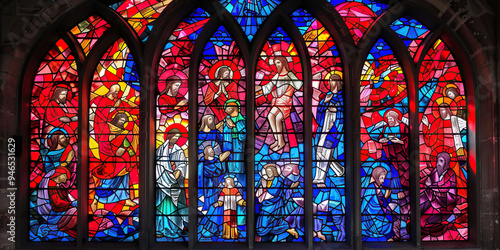 A stained-glass window depicting the life of Jesus Christ, its vibrant reds, blues, and yellows filling the abstract background.