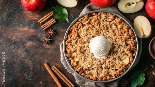 A flat lay of a warm and comforting apple crumble, served with a scoop of vanilla ice cream, surrounded by fresh apples and cinnamon sticks