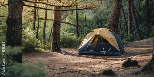 A tourist tent in the forest. Camping. AI generative.