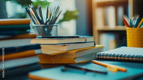 Stack of Books Pens and Pencils on Desk