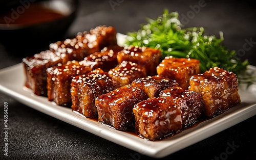 Wuxistyle spare ribs, braised until tender with a sweet and sticky glaze, garnished with sesame seeds and served on a rectangular white platter with a side of greens