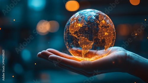 Illustration of a hand holding a holographic globe with emerging ideas, new idea, global innovation and vision