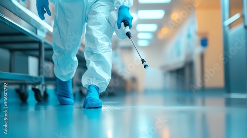 Person in a white protective suit, blue gloves, and mask, spraying insecticide on the floor, clean and clinical environment, with copy space for text