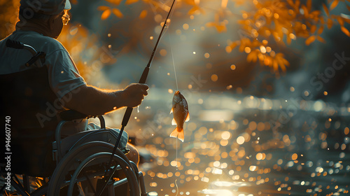 Disabled man enjoying a peaceful fishing experience by a tranquil river during a sunny evening