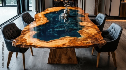 Modern dining room interior with live edge wooden table and blue epoxy resin