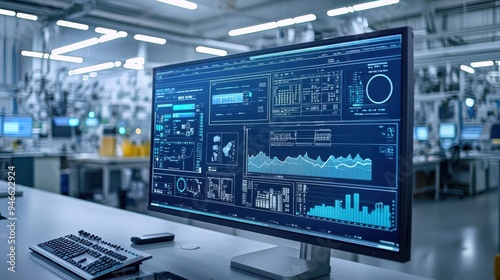 A digital twin of a factory floor displayed on a large monitor with real-time data streams and analytics showing predictive maintenance alerts in a high-tech industrial control room