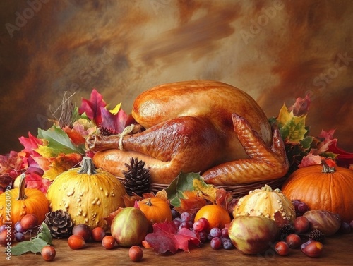 A perfectly roasted turkey centerpiece on a festive table, surrounded by seasonal decor like autumn leaves, pumpkins, and candles, evoking the warmth of Thanksgiving