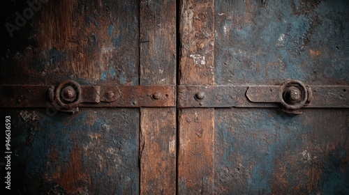 Rustic wooden door featuring weathered wood and rusty metal bolts, displaying an aged patina that highlights the passage of time and the door's enduring presence.