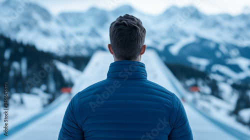 Ski jumper just before takeoff leaning forward on a steep ramp ski tips pointed downhill icy snow reflecting the morning light tension and anticipation 