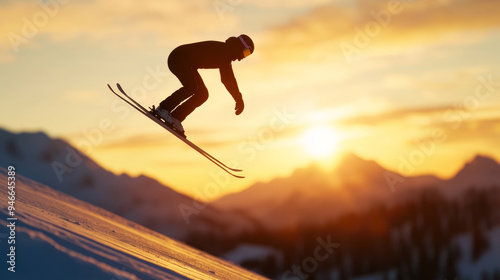 Ski jumper flying through a dramatic winter sunset sky golden light illuminating the snowy landscape graceful arc in mid-air pure winter sport adrenaline 